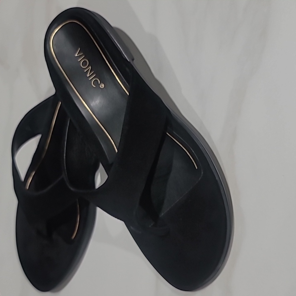 Vionic Women Black Suede Leather Flip-Flops Agava Comfort Toe Post Sandals 7.5